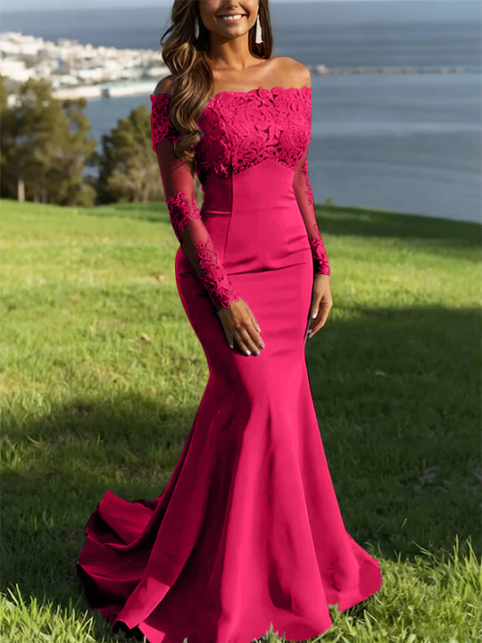Trumpet/Mermaid Off-the-Shoulder Lace Evening Dresses Long Sleeves Party Dresses