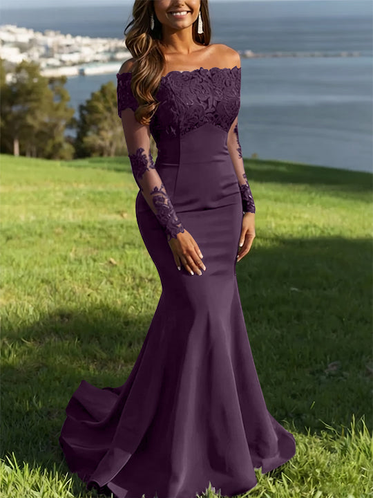 Trumpet/Mermaid Off-the-Shoulder Lace Evening Dresses Long Sleeves Party Dresses