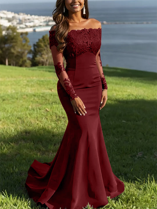 Trumpet/Mermaid Off-the-Shoulder Lace Evening Dresses Long Sleeves Party Dresses