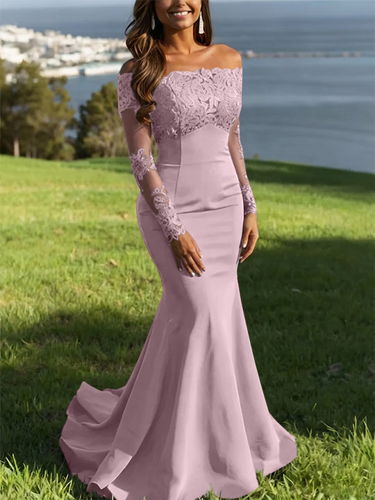 Trumpet/Mermaid Off-the-Shoulder Lace Evening Dresses Long Sleeves Party Dresses