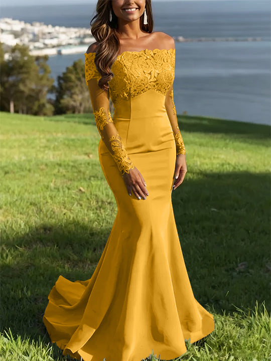 Trumpet/Mermaid Off-the-Shoulder Lace Evening Dresses Long Sleeves Party Dresses