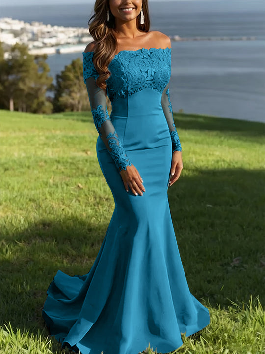 Trumpet/Mermaid Off-the-Shoulder Lace Evening Dresses Long Sleeves Party Dresses