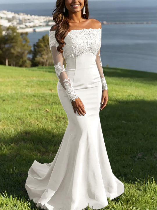 Trumpet/Mermaid Off-the-Shoulder Lace Evening Dresses Long Sleeves Party Dresses