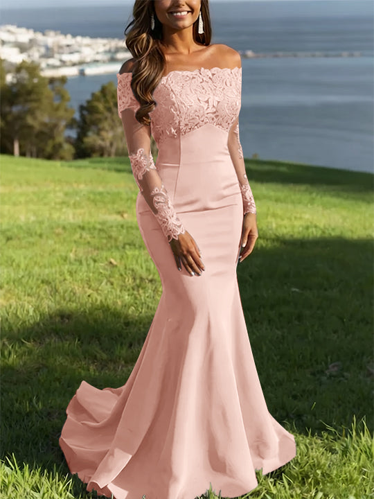 Trumpet/Mermaid Off-the-Shoulder Lace Evening Dresses Long Sleeves Party Dresses