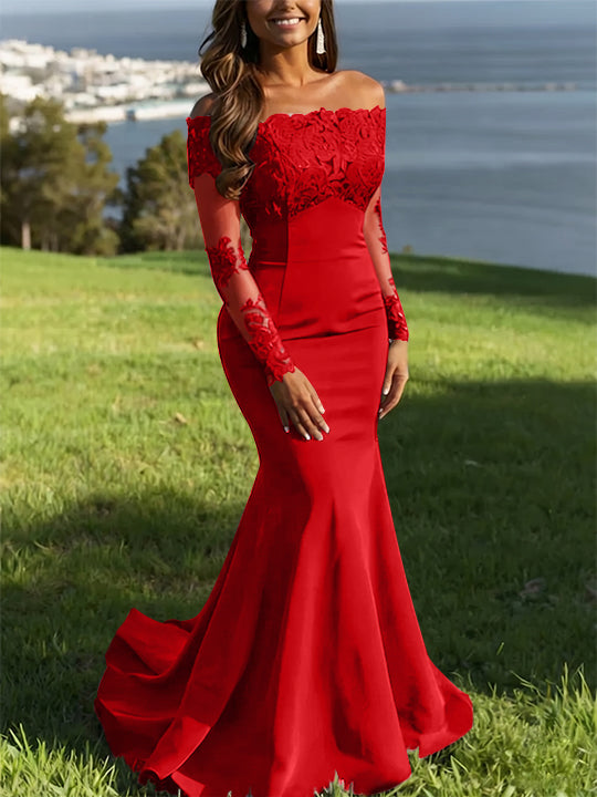 Trumpet/Mermaid Off-the-Shoulder Lace Evening Dresses Long Sleeves Party Dresses