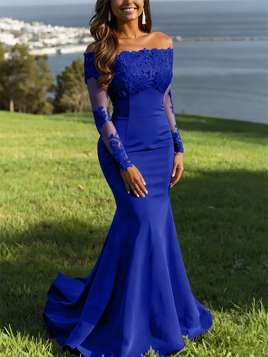 Trumpet/Mermaid Off-the-Shoulder Lace Evening Dresses Long Sleeves Party Dresses