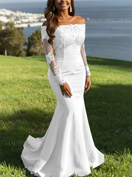Trumpet/Mermaid Off-the-Shoulder Lace Evening Dresses Long Sleeves Party Dresses
