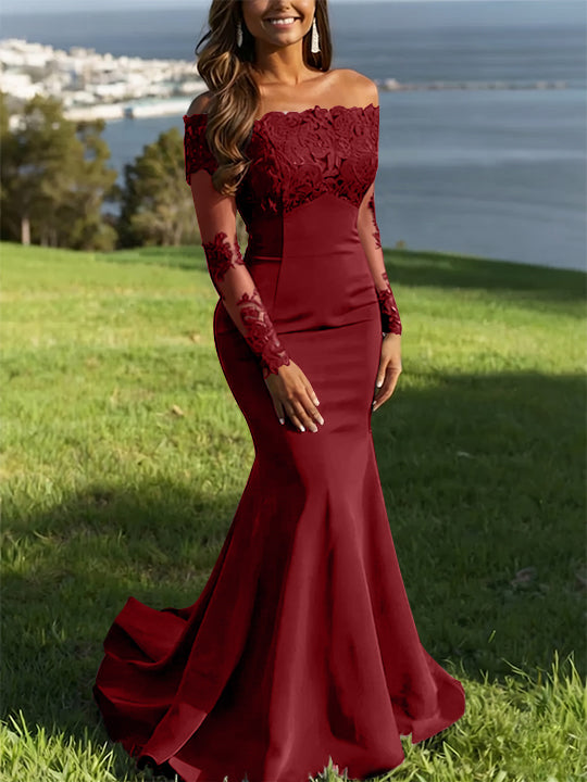 Trumpet/Mermaid Off-the-Shoulder Lace Evening Dresses Long Sleeves Party Dresses