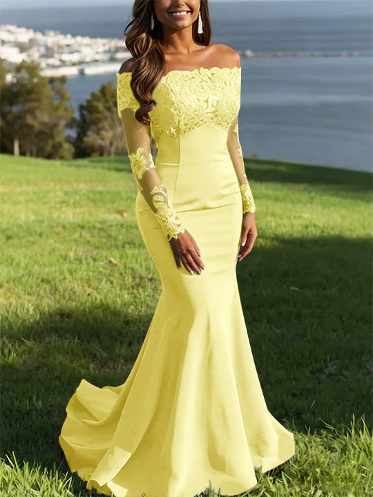 Trumpet/Mermaid Off-the-Shoulder Lace Evening Dresses Long Sleeves Party Dresses