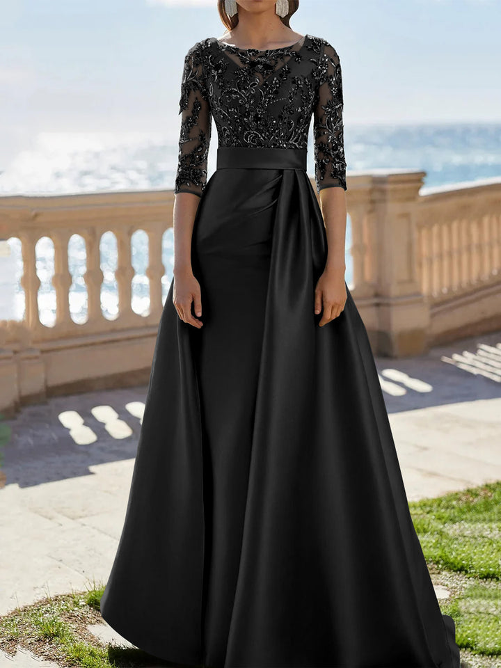 A-Line/Princess Scoop Satin Evening Dresses Half Sleeves Floor-Length Lace Party Dresses