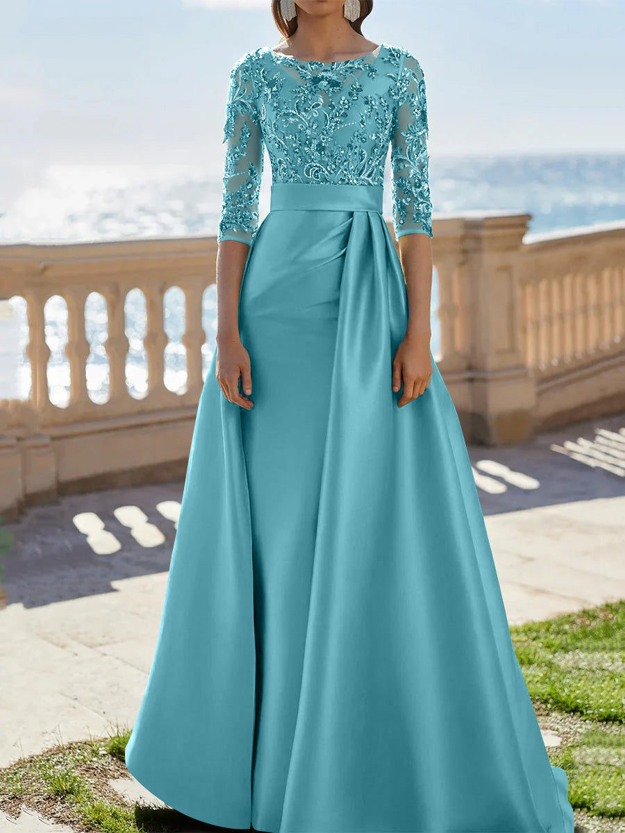 A-Line/Princess Scoop Satin Evening Dresses Half Sleeves Floor-Length Lace Party Dresses