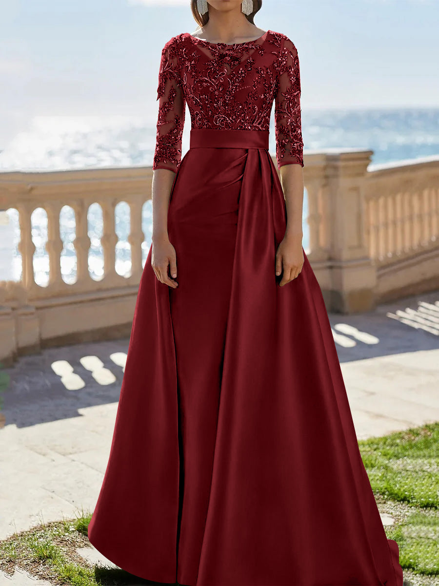 A-Line/Princess Scoop Satin Evening Dresses Half Sleeves Floor-Length Lace Party Dresses