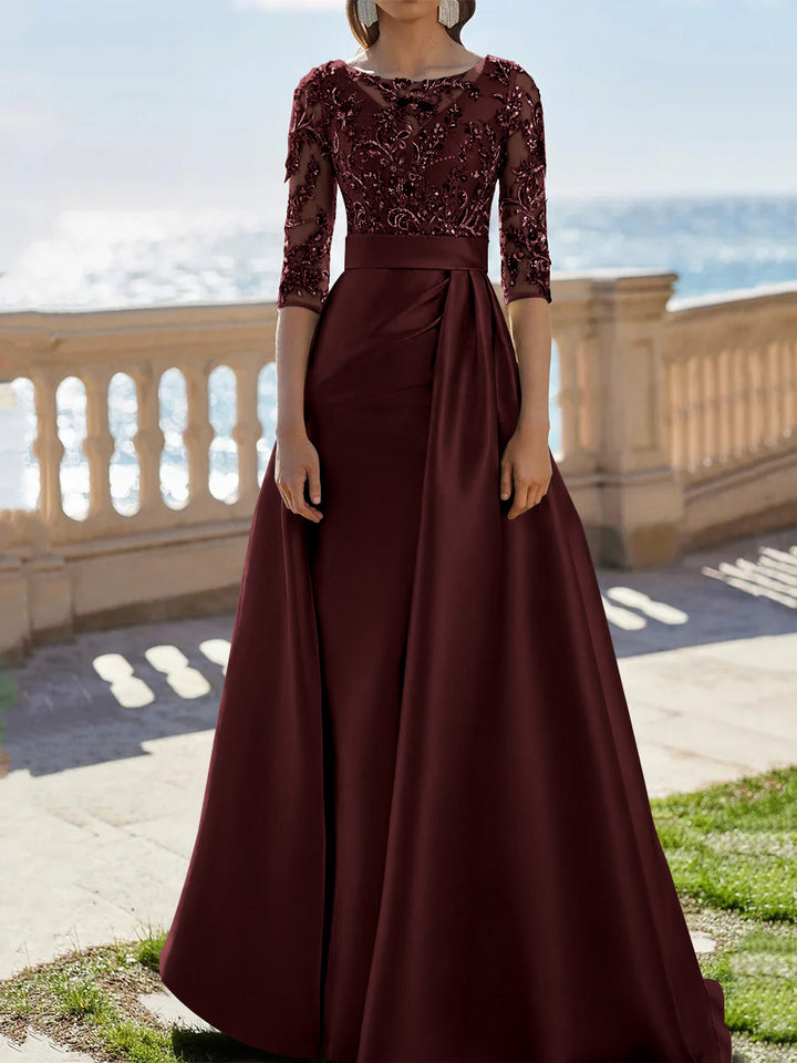 A-Line/Princess Scoop Satin Evening Dresses Half Sleeves Floor-Length Lace Party Dresses