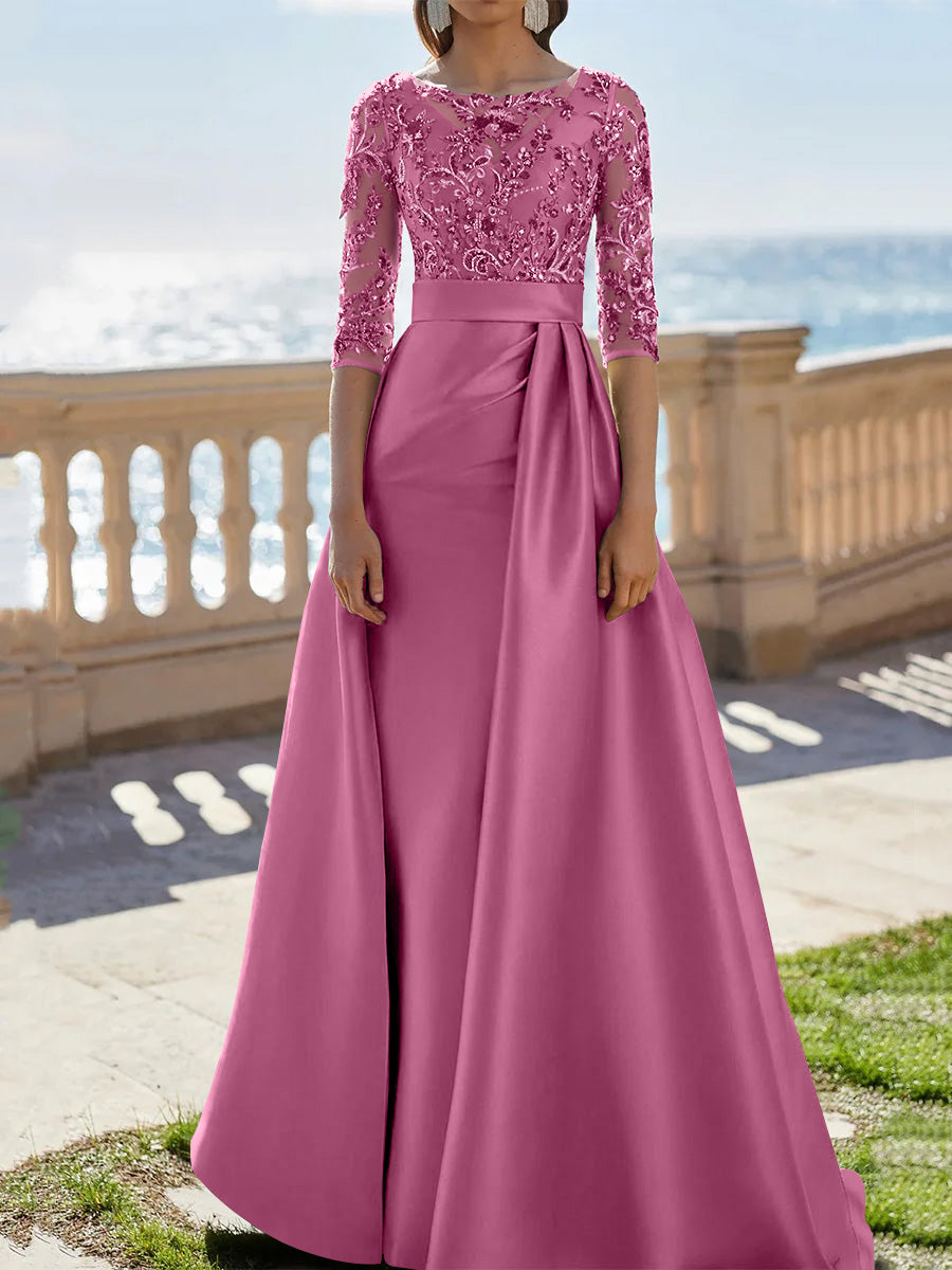 A-Line/Princess Scoop Satin Evening Dresses Half Sleeves Floor-Length Lace Party Dresses