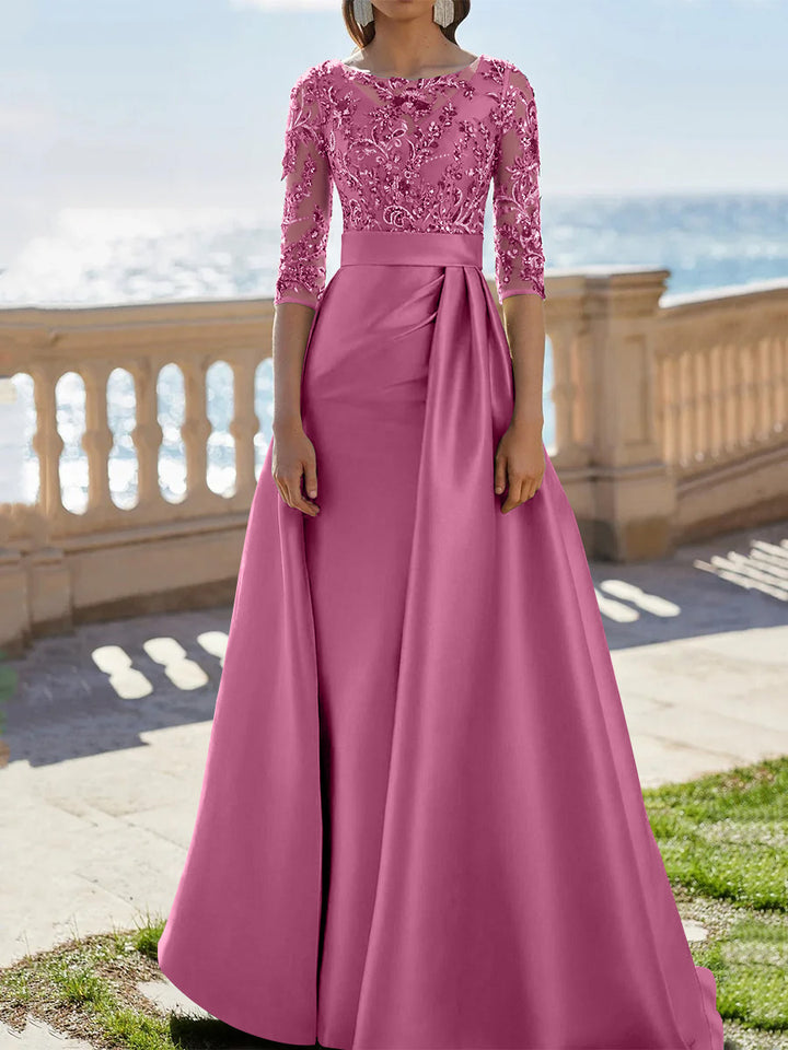 A-Line/Princess Scoop Satin Evening Dresses Half Sleeves Floor-Length Lace Party Dresses