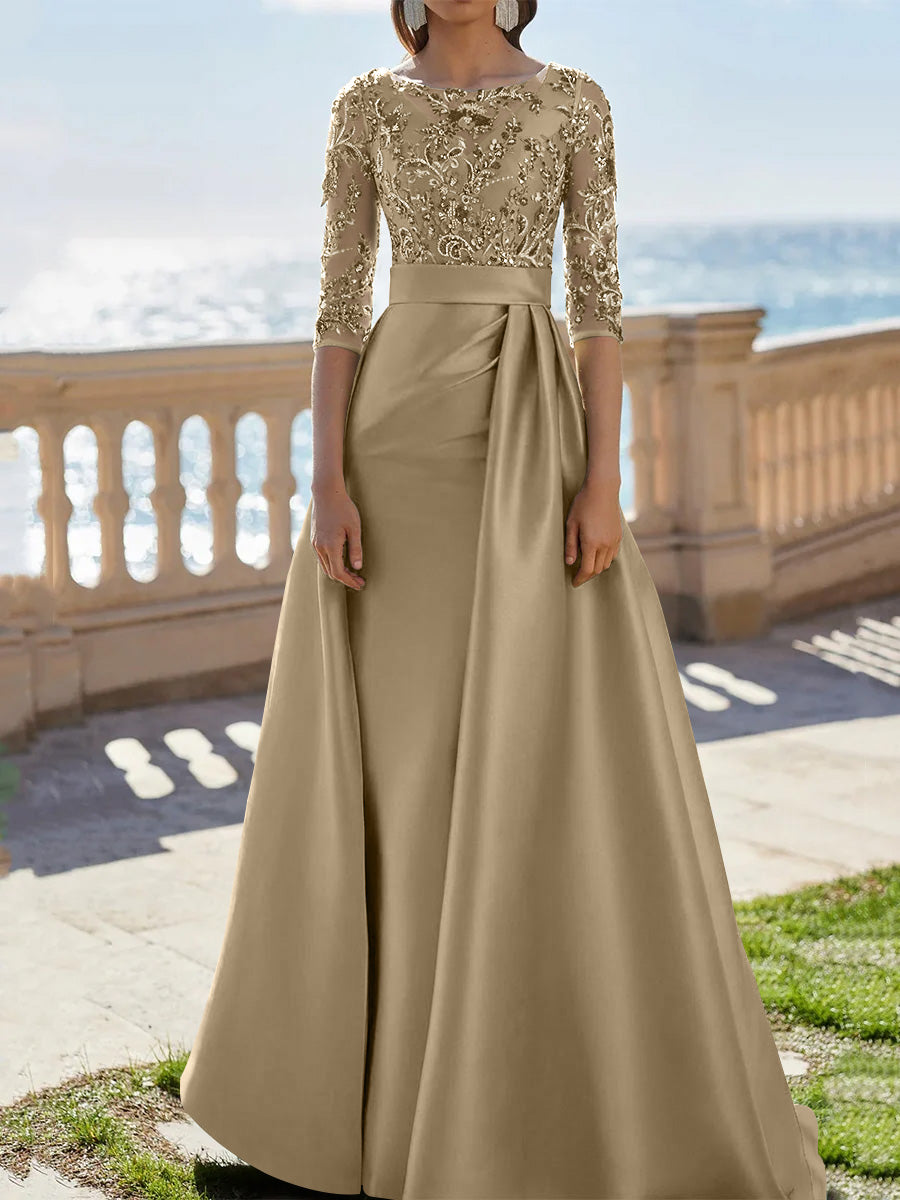 A-Line/Princess Scoop Satin Evening Dresses Half Sleeves Floor-Length Lace Party Dresses