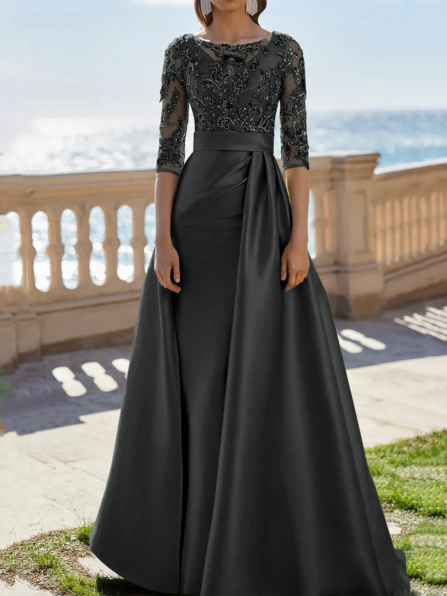 A-Line/Princess Scoop Satin Evening Dresses Half Sleeves Floor-Length Lace Party Dresses