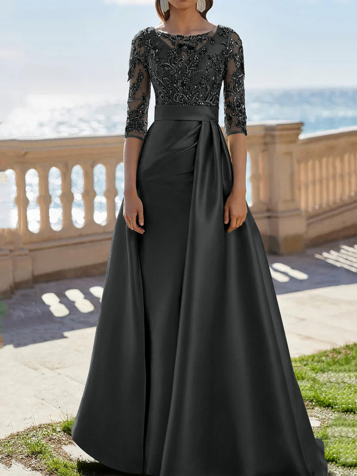 A-Line/Princess Scoop Satin Evening Dresses Half Sleeves Floor-Length Lace Party Dresses
