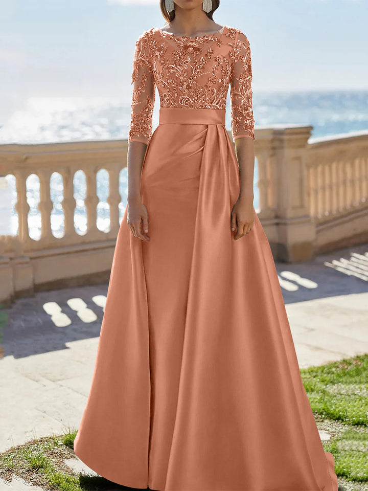 A-Line/Princess Scoop Satin Evening Dresses Half Sleeves Floor-Length Lace Party Dresses