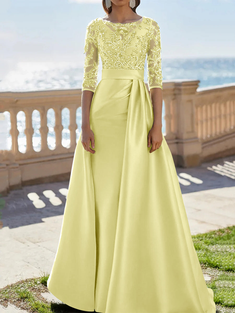 A-Line/Princess Scoop Satin Evening Dresses Half Sleeves Floor-Length Lace Party Dresses