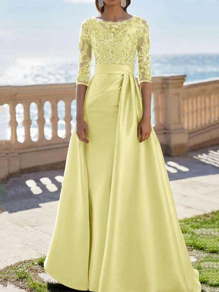 A-Line/Princess Scoop Satin Evening Dresses Half Sleeves Floor-Length Lace Party Dresses