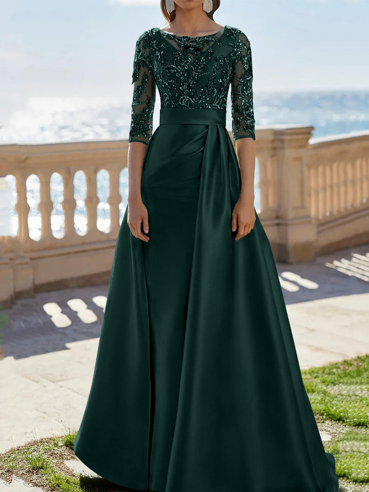 A-Line/Princess Scoop Satin Evening Dresses Half Sleeves Floor-Length Lace Party Dresses