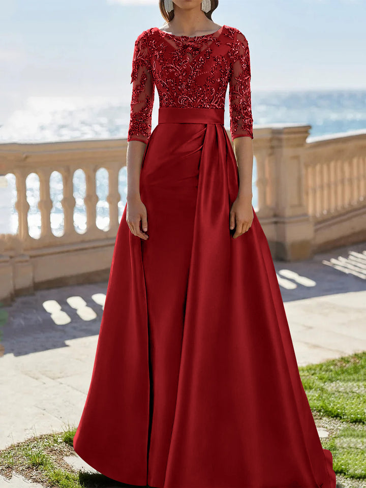A-Line/Princess Scoop Satin Evening Dresses Half Sleeves Floor-Length Lace Party Dresses