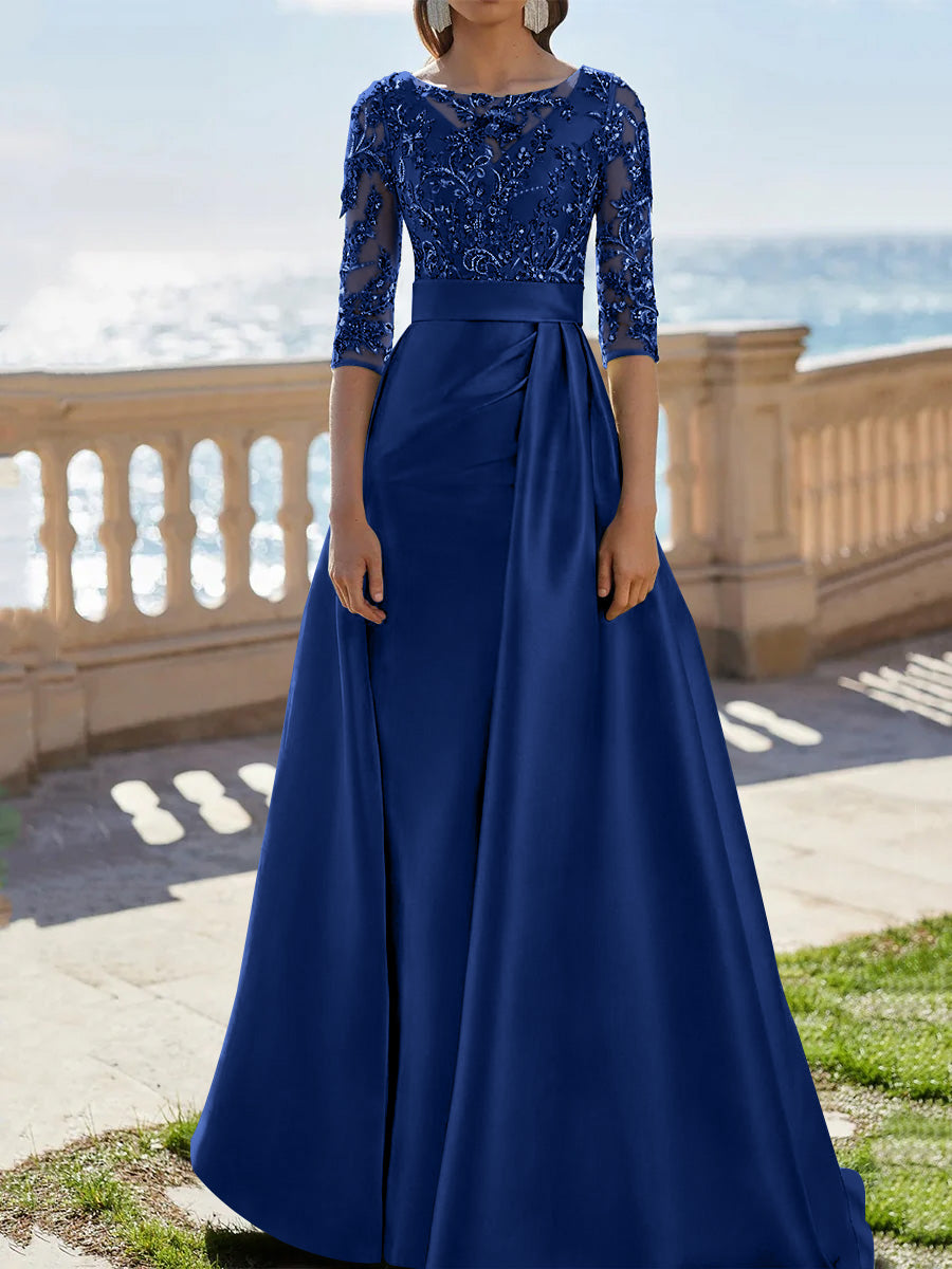 A-Line/Princess Scoop Satin Evening Dresses Half Sleeves Floor-Length Lace Party Dresses