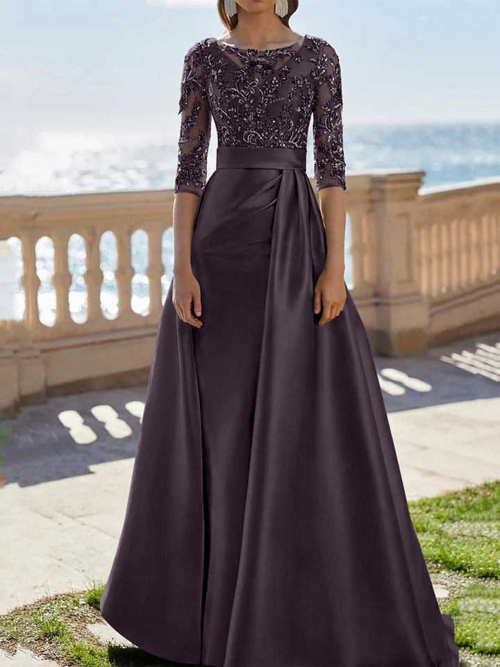 A-Line/Princess Scoop Satin Evening Dresses Half Sleeves Floor-Length Lace Party Dresses