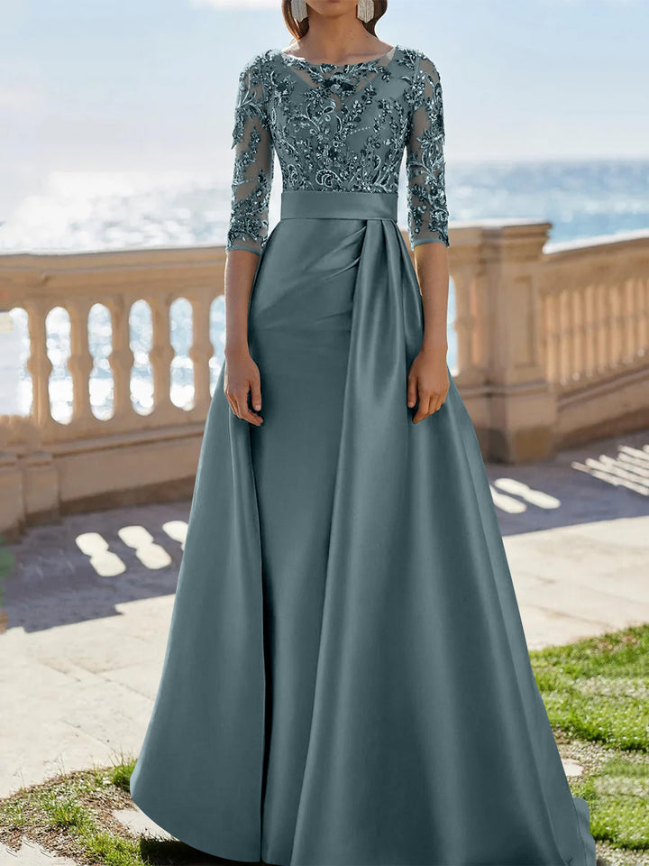 A-Line/Princess Scoop Satin Evening Dresses Half Sleeves Floor-Length Lace Party Dresses