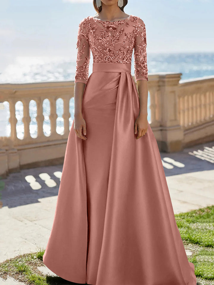 A-Line/Princess Scoop Satin Evening Dresses Half Sleeves Floor-Length Lace Party Dresses