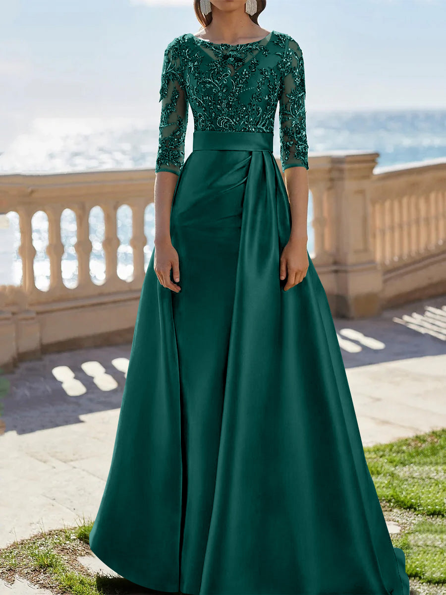 A-Line/Princess Scoop Satin Evening Dresses Half Sleeves Floor-Length Lace Party Dresses