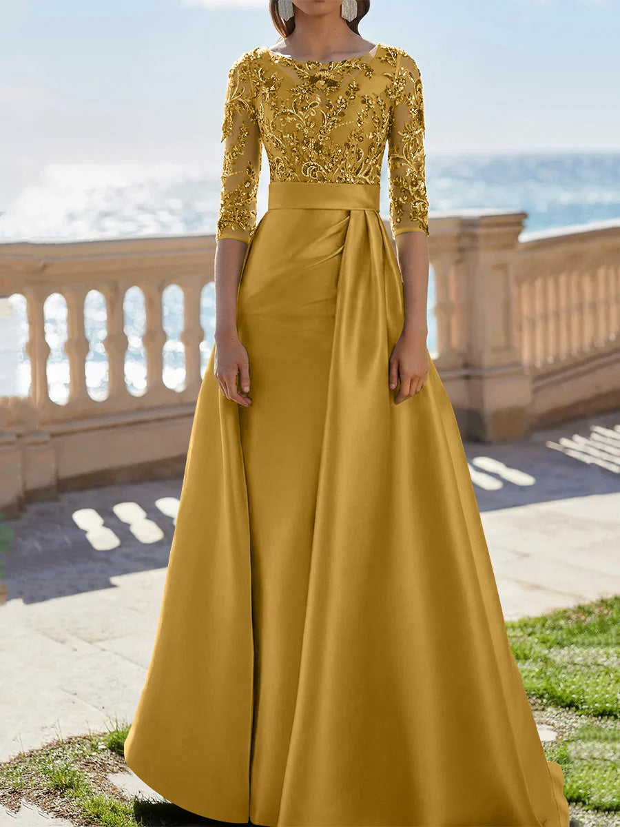 A-Line/Princess Scoop Satin Evening Dresses Half Sleeves Floor-Length Lace Party Dresses