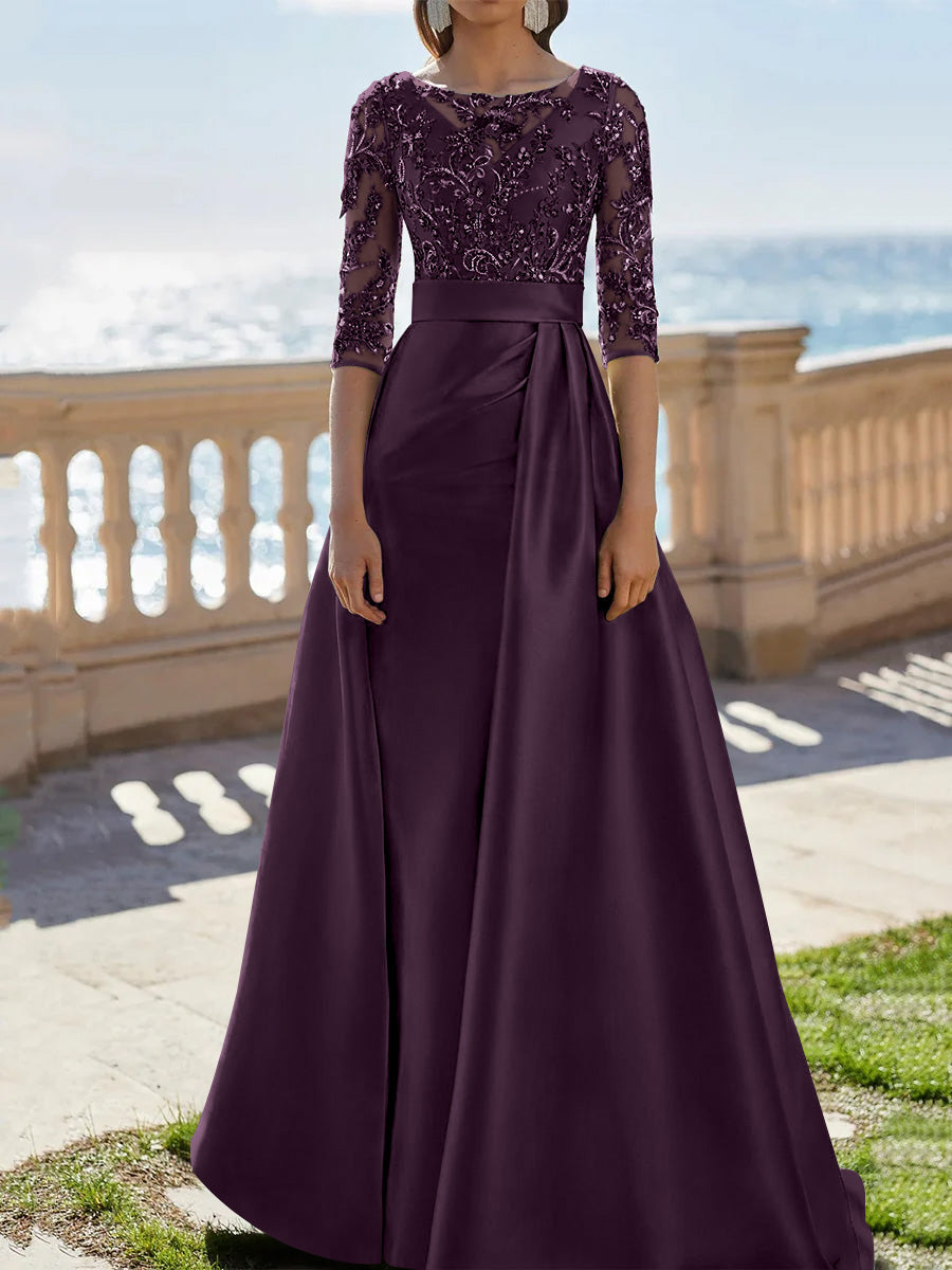 A-Line/Princess Scoop Satin Evening Dresses Half Sleeves Floor-Length Lace Party Dresses