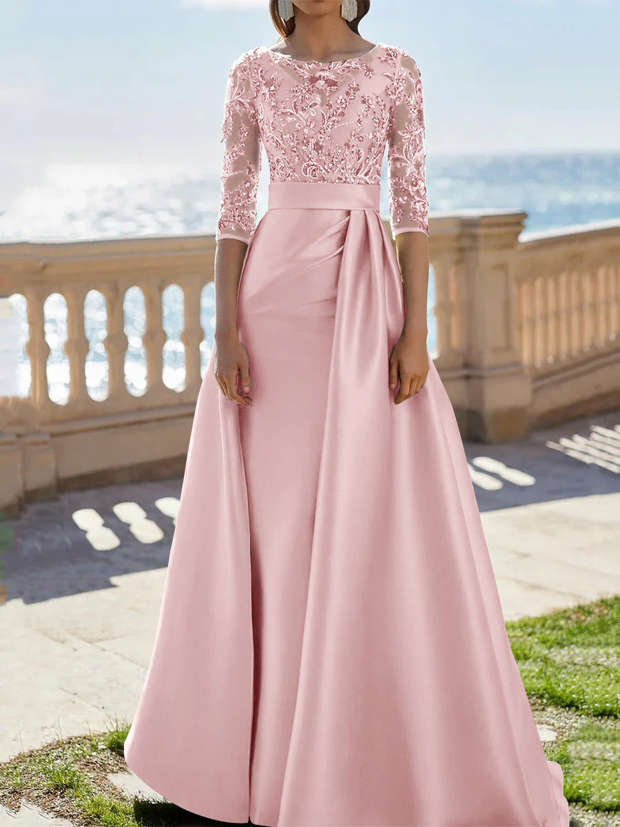 A-Line/Princess Scoop Satin Evening Dresses Half Sleeves Floor-Length Lace Party Dresses