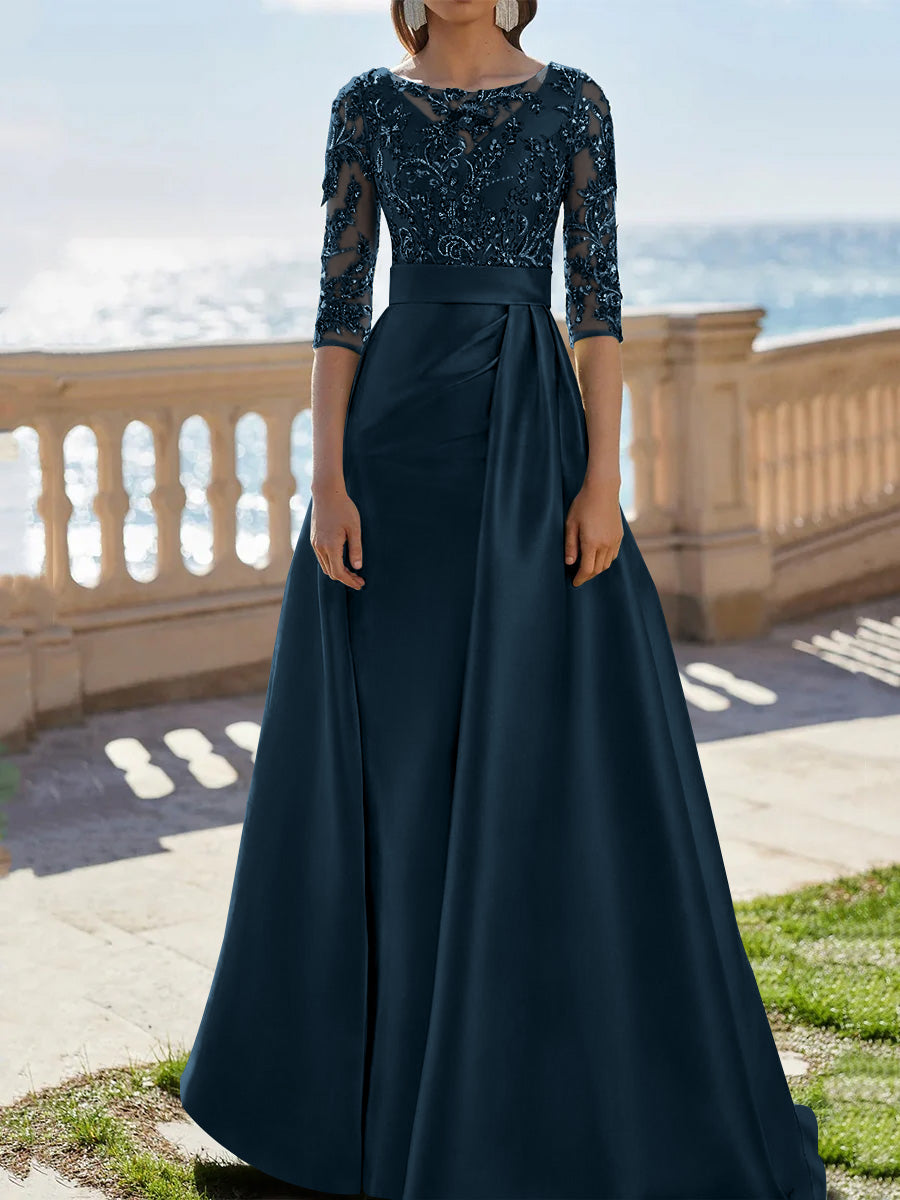 A-Line/Princess Scoop Satin Evening Dresses Half Sleeves Floor-Length Lace Party Dresses