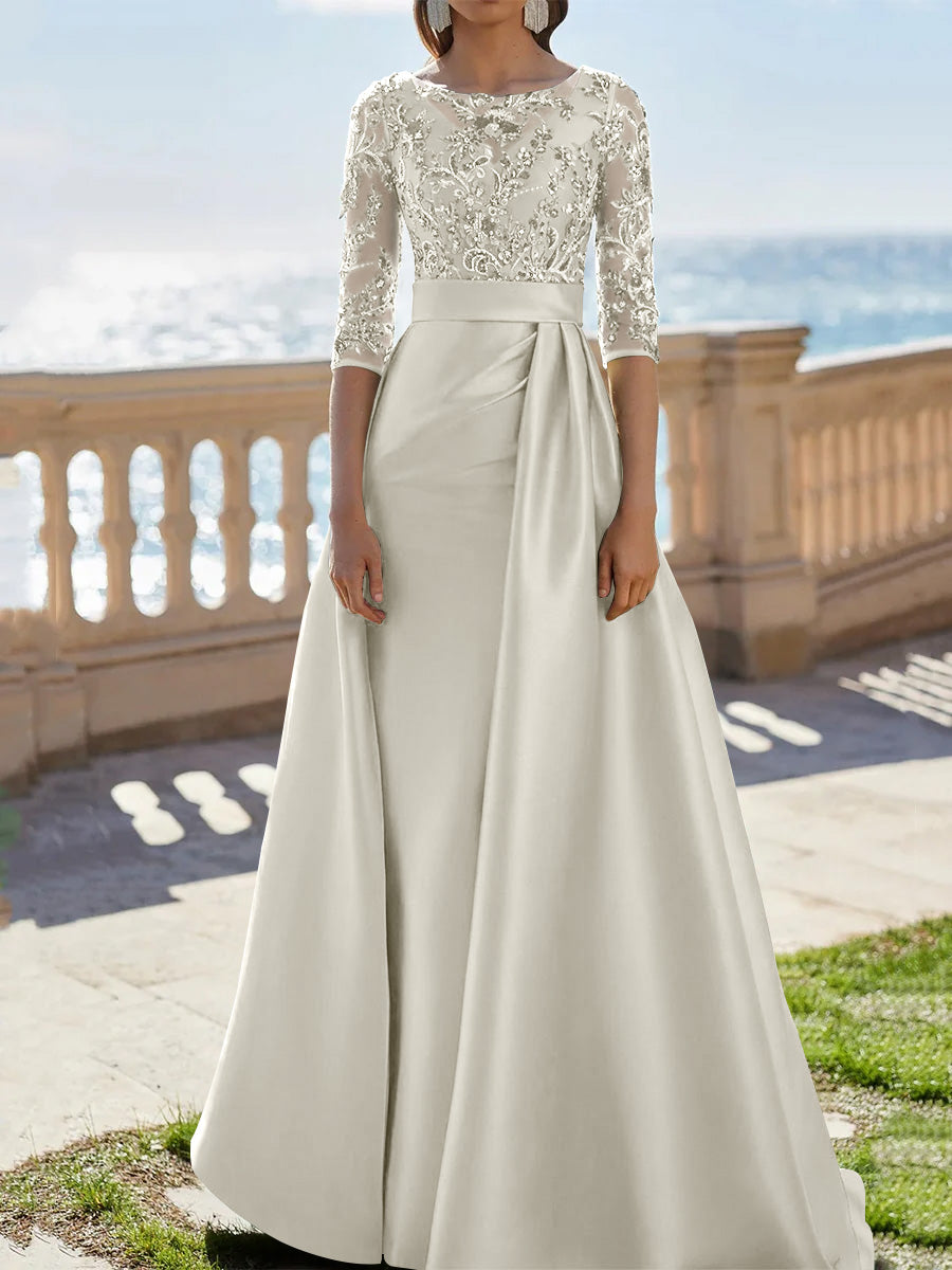 A-Line/Princess Scoop Satin Evening Dresses Half Sleeves Floor-Length Lace Party Dresses