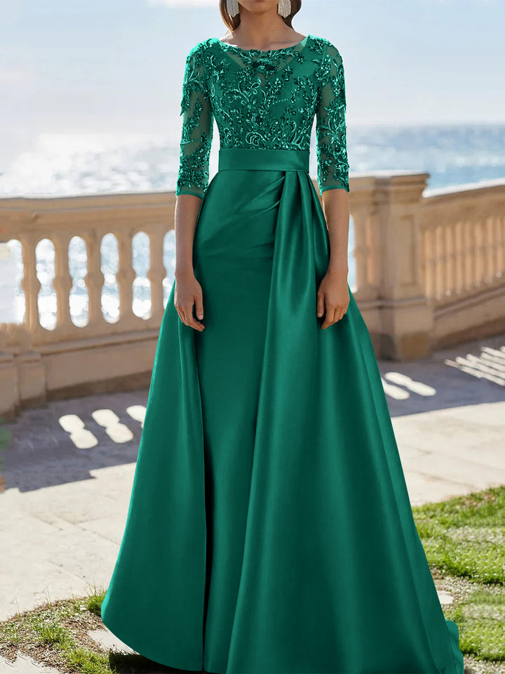 A-Line/Princess Scoop Satin Evening Dresses Half Sleeves Floor-Length Lace Party Dresses