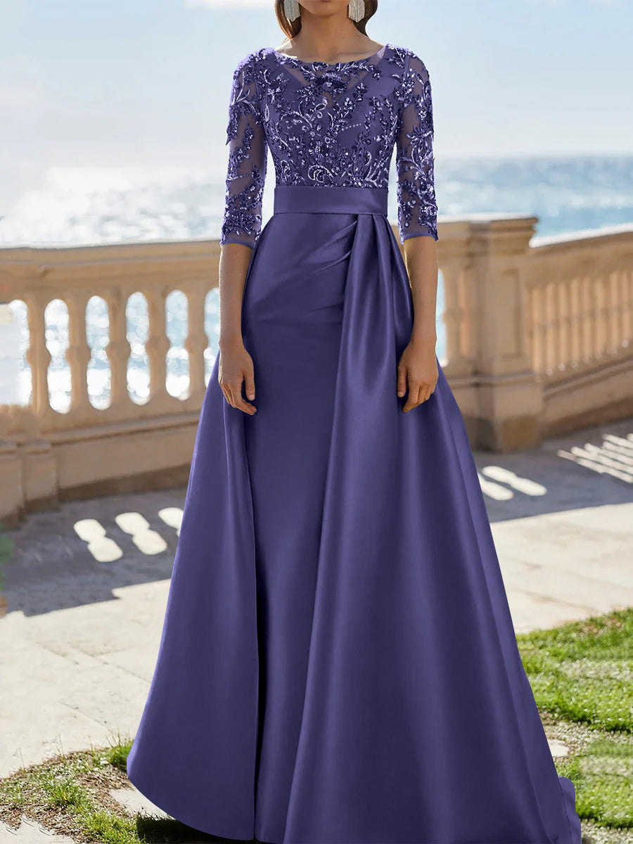 A-Line/Princess Scoop Satin Evening Dresses Half Sleeves Floor-Length Lace Party Dresses