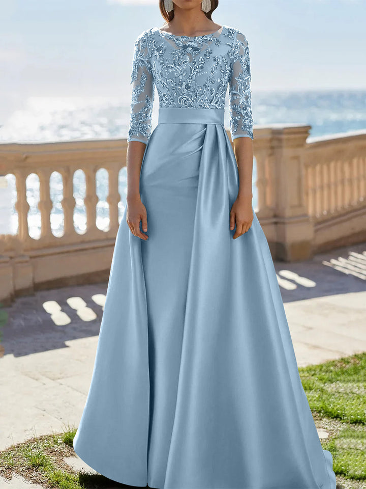 A-Line/Princess Scoop Satin Evening Dresses Half Sleeves Floor-Length Lace Party Dresses