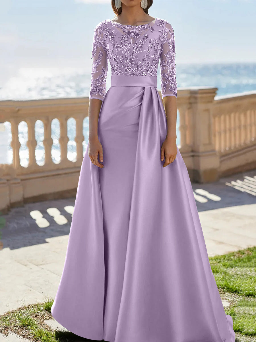 A-Line/Princess Scoop Satin Evening Dresses Half Sleeves Floor-Length Lace Party Dresses