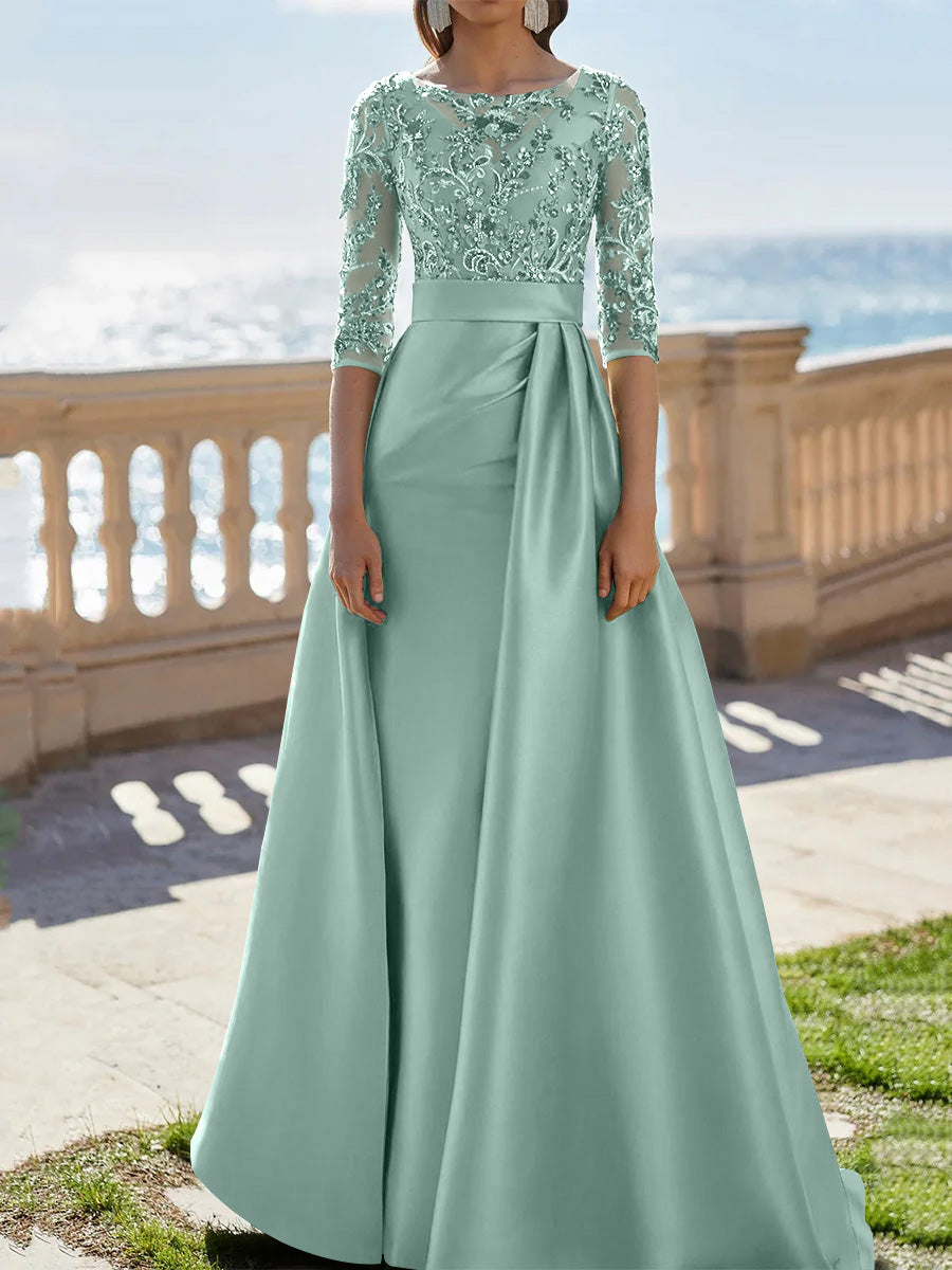 A-Line/Princess Scoop Satin Evening Dresses Half Sleeves Floor-Length Lace Party Dresses