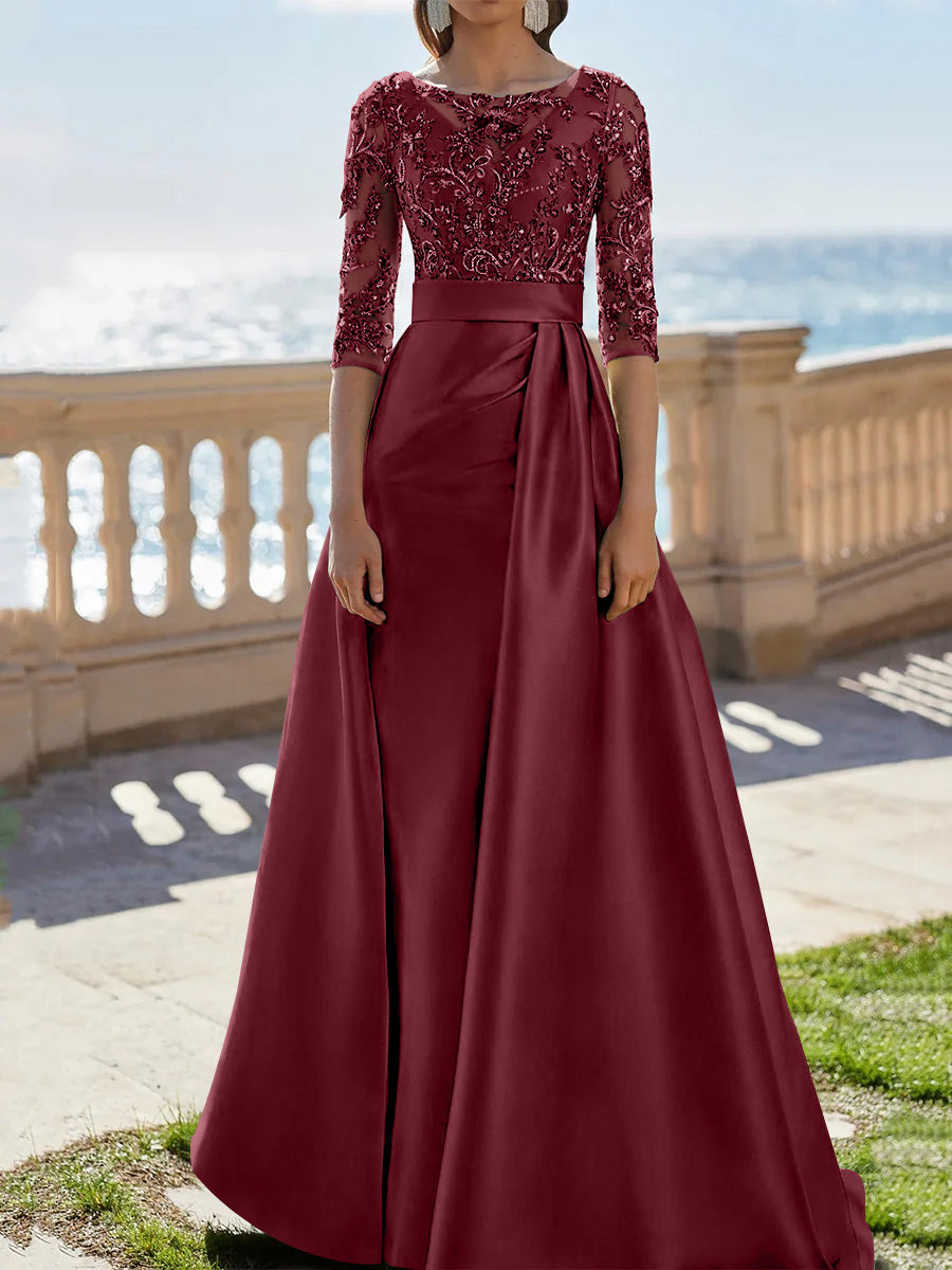 A-Line/Princess Scoop Satin Evening Dresses Half Sleeves Floor-Length Lace Party Dresses