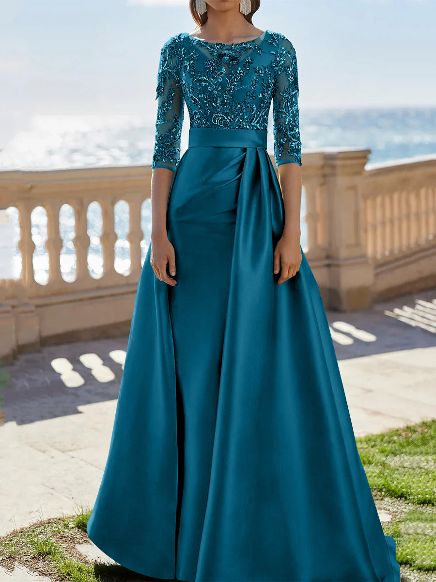 A-Line/Princess Scoop Satin Evening Dresses Half Sleeves Floor-Length Lace Party Dresses