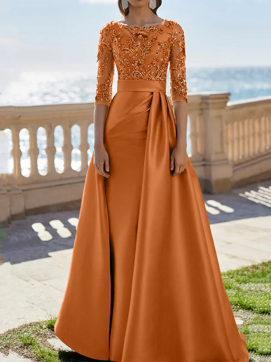A-Line/Princess Scoop Satin Evening Dresses Half Sleeves Floor-Length Lace Party Dresses