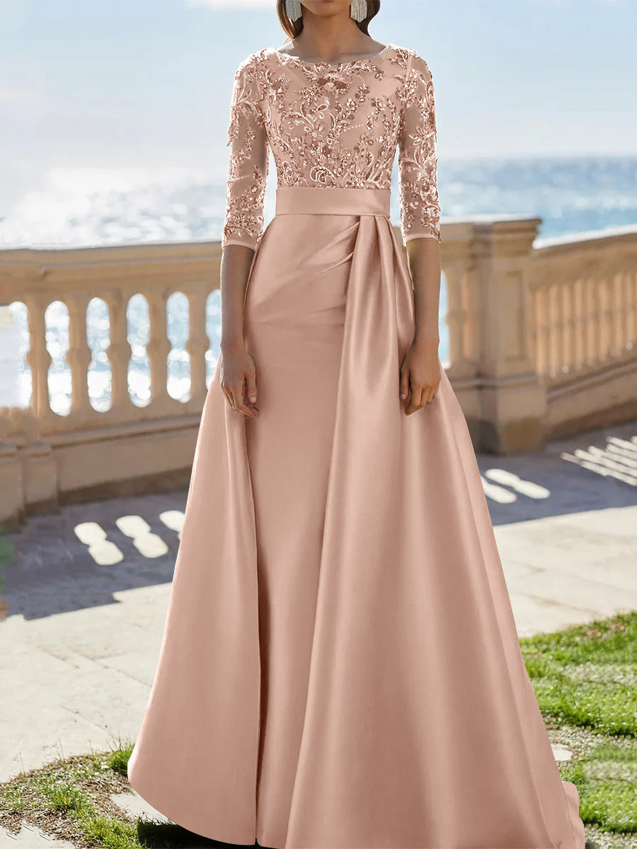 A-Line/Princess Scoop Satin Evening Dresses Half Sleeves Floor-Length Lace Party Dresses