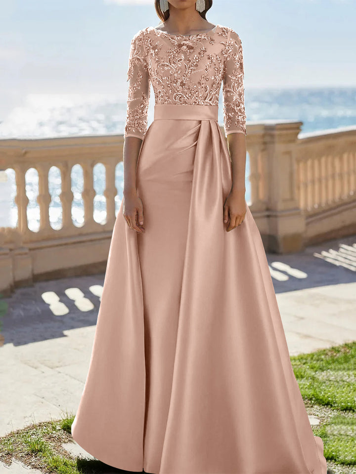 A-Line/Princess Scoop Satin Evening Dresses Half Sleeves Floor-Length Lace Party Dresses