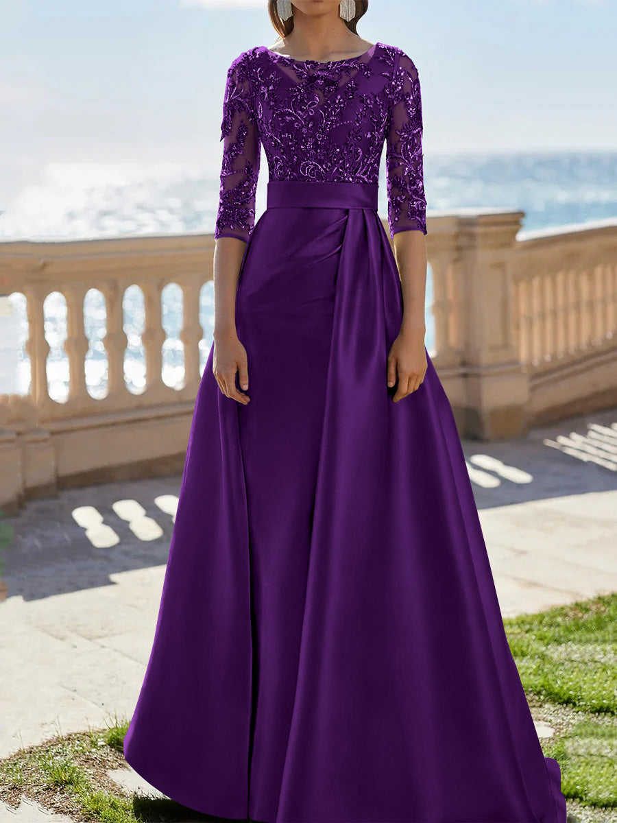 A-Line/Princess Scoop Satin Evening Dresses Half Sleeves Floor-Length Lace Party Dresses