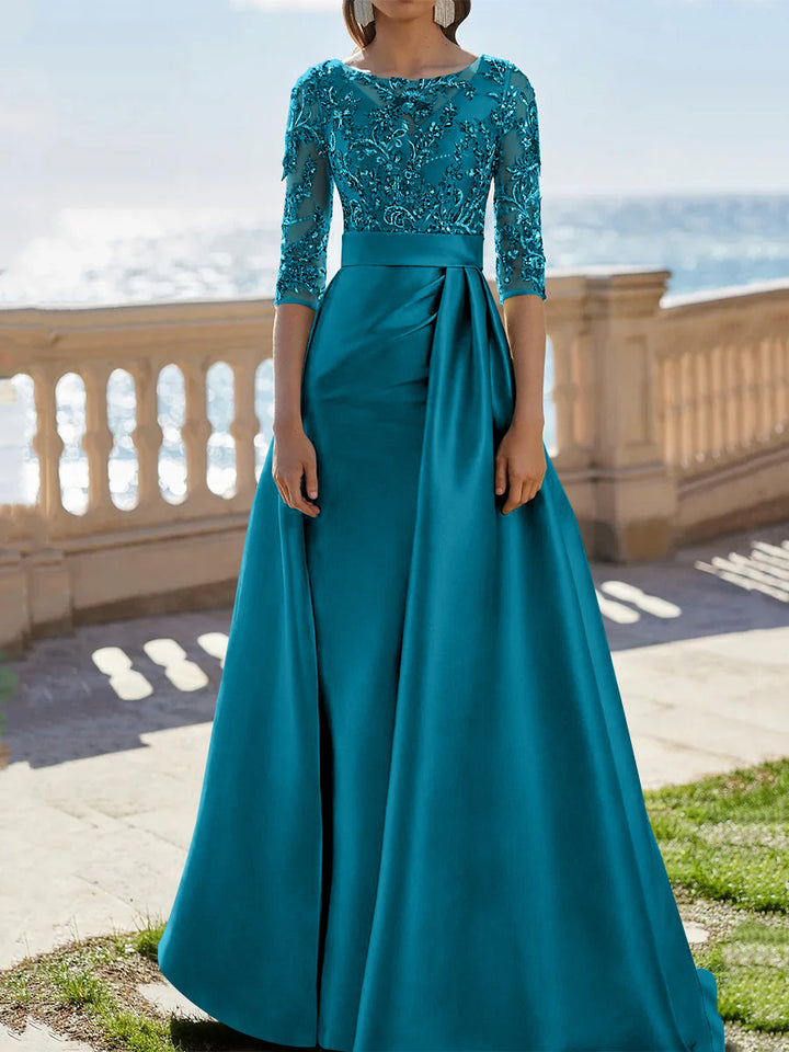 A-Line/Princess Scoop Satin Evening Dresses Half Sleeves Floor-Length Lace Party Dresses