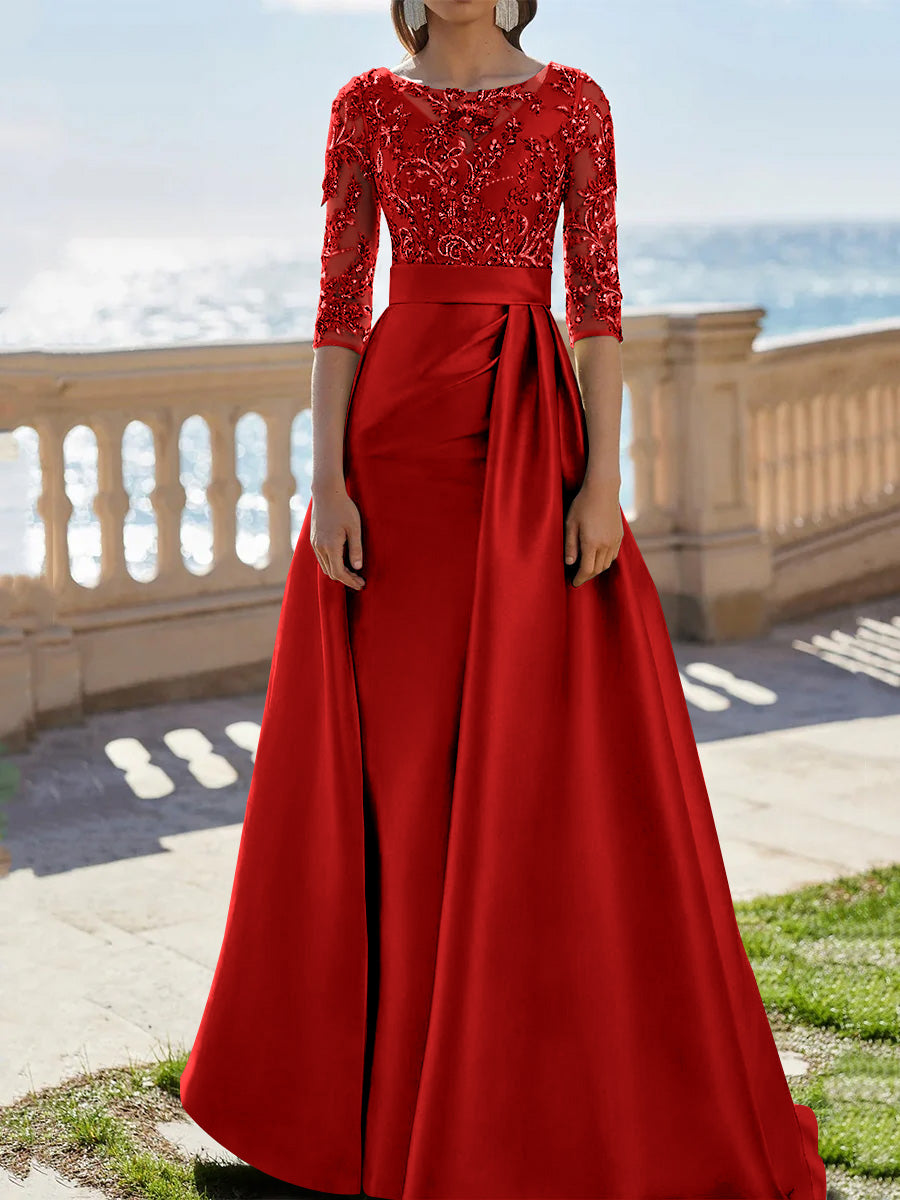 A-Line/Princess Scoop Satin Evening Dresses Half Sleeves Floor-Length Lace Party Dresses